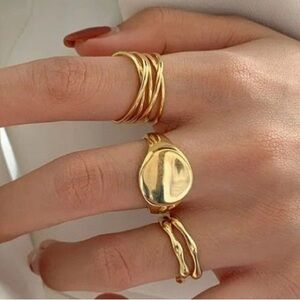 Unisex Layered Yellow Gold Sterling Silver Ring, Adjustable